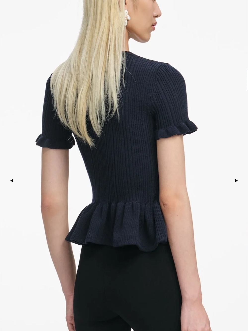 Self-Portrait Navy Ribbed Peplum Top with White Buttons - Picture 3 of 7